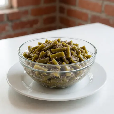 Salade de nopal aux graines de chia servie dans un bol en verre posé sur une assiette blanche, devant un mur de briques rouges éclairé par une lumière naturelle diffuse.