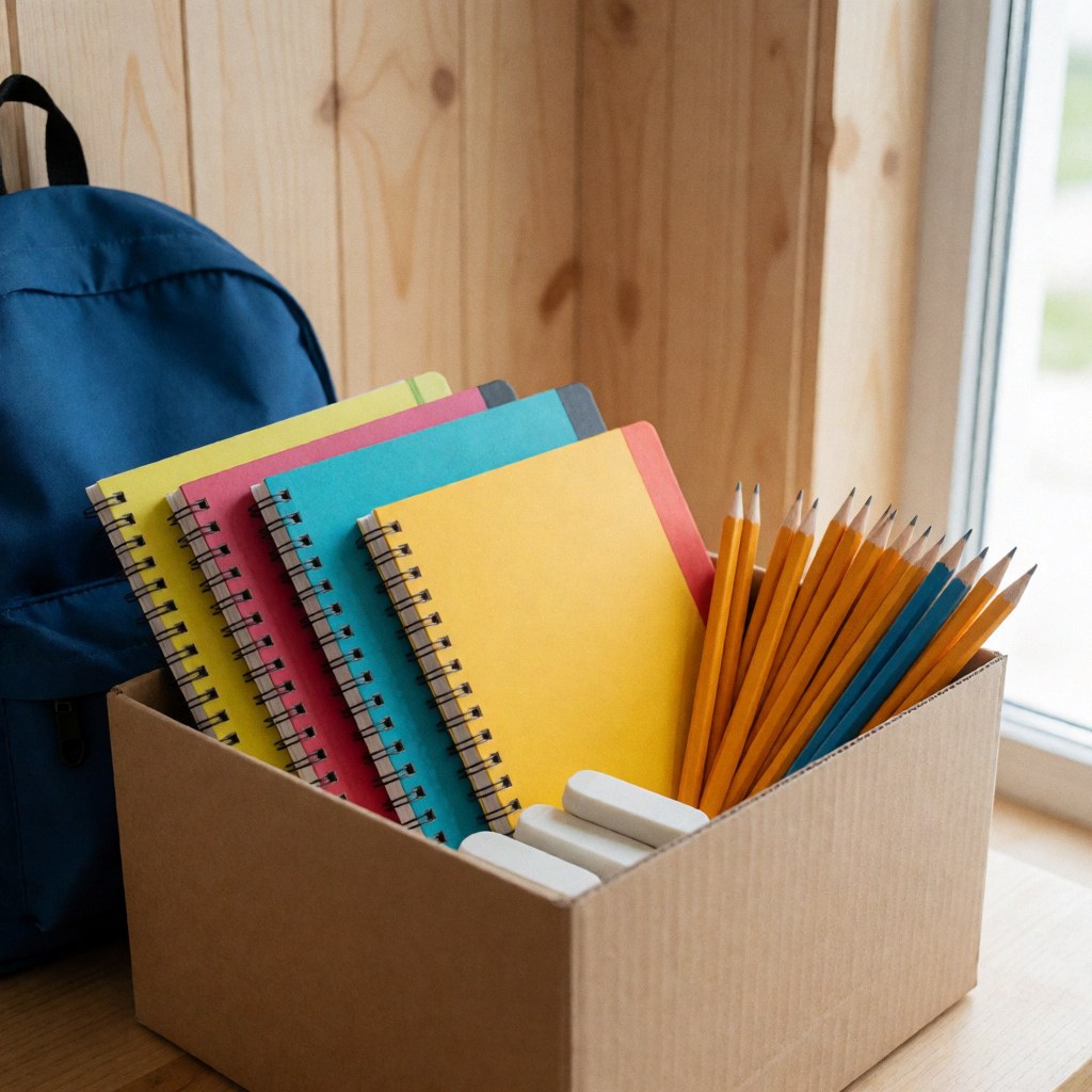 Une boîte en carton remplie de cahiers colorés, de crayons et de gommes, placée près d'un sac à dos bleu sur un bureau en bois baigné de lumière naturelle.
