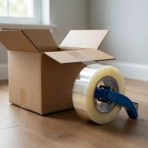 Un rouleau de ruban adhésif transparent posé sur une surface plane, utilisé pour l'emballage professionnel et la sécurisation des cartons lors d'une déménagement.