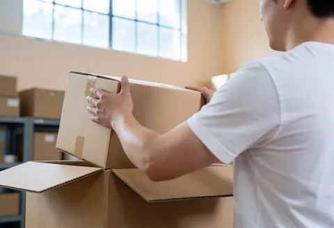 Un travailleur effectue un emballage soigné d'une boîte en carton dans un entrepôt pour la logistique et la distribution.
