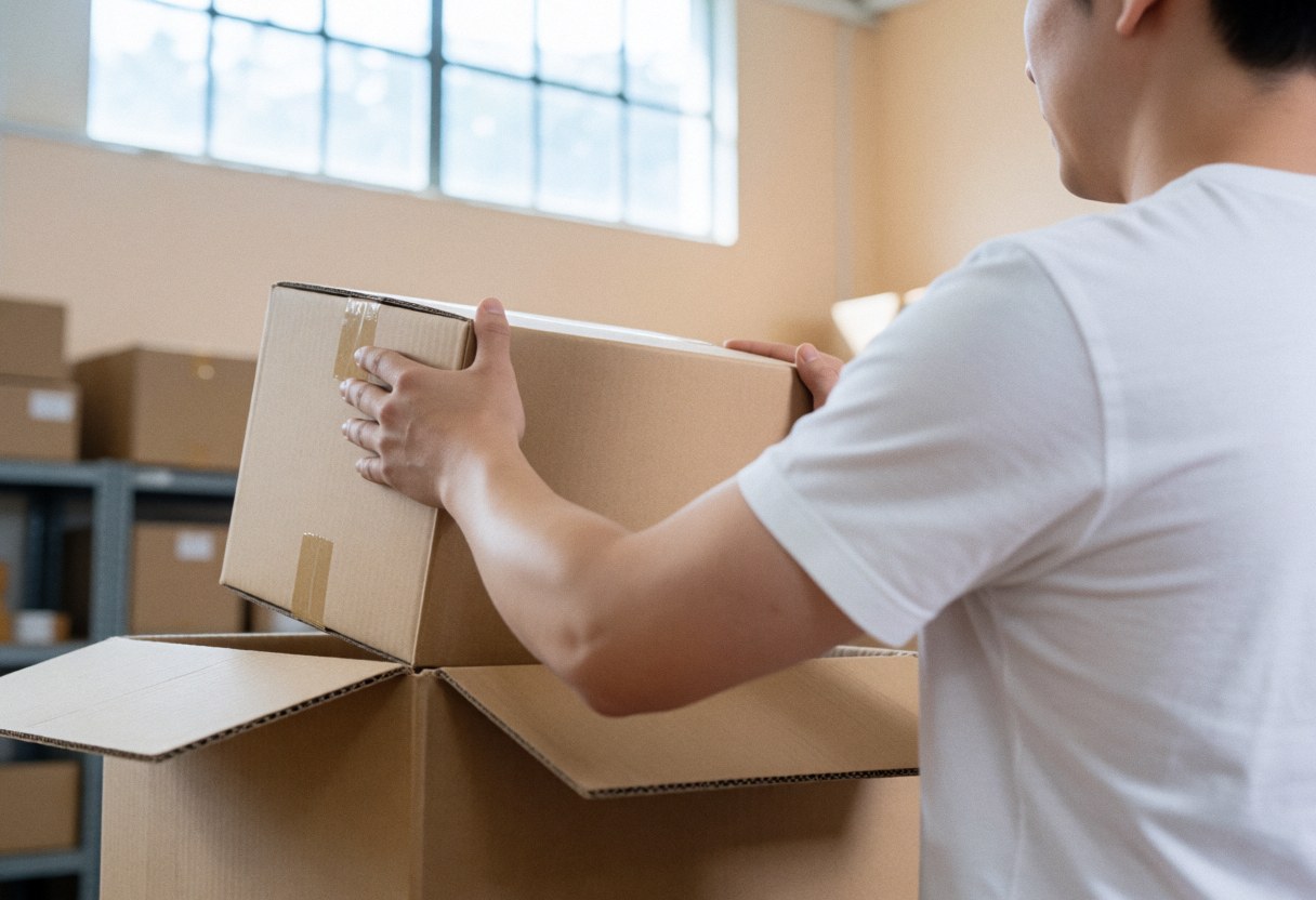 Un travailleur effectue un emballage soigné d'une boîte en carton dans un entrepôt pour la logistique et la distribution.