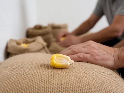 Gros plan d'un grain de maïs jaune posé sur un sac en jute texturé, avec des mains travaillant en arrière-plan flou. Scène agricole traditionnelle et naturelle.
