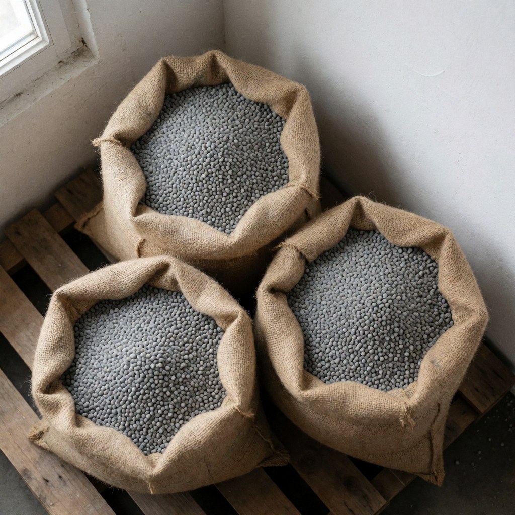 Plusieurs sacs en toile de jute contenant du fertilisant granulé sont empilés sur une palette en bois à l'intérieur d'un entrepôt industriel.