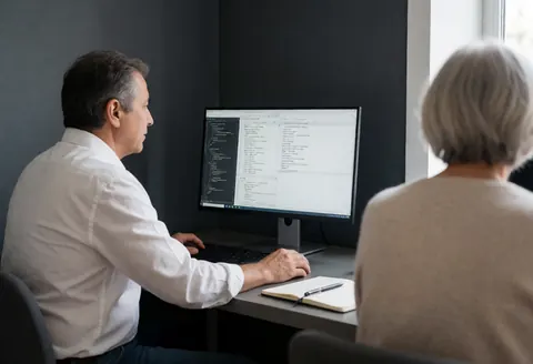 Un développeur concentré travaille sur son ordinateur avec du code visible, assis à un bureau avec un carnet et un stylo dans un bureau lumineux aux murs gris.