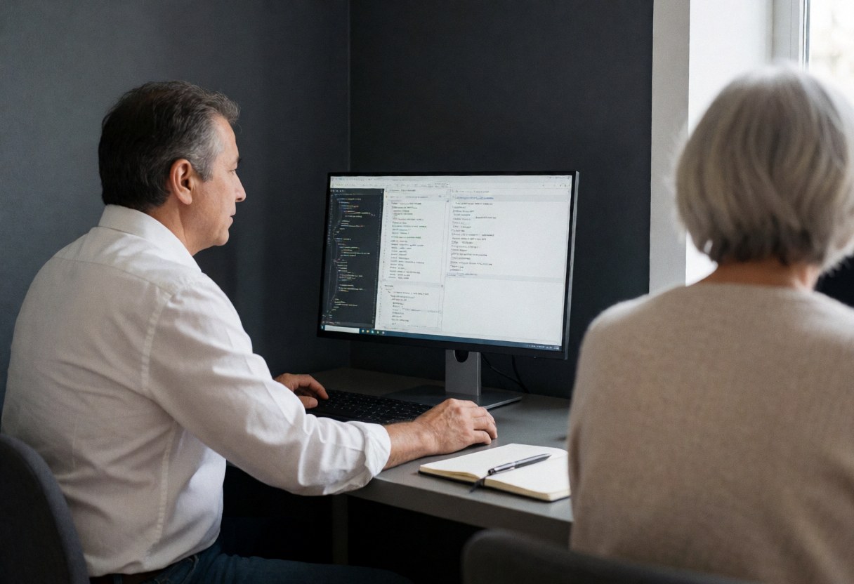 Un développeur concentré travaille sur son ordinateur avec du code visible, assis à un bureau avec un carnet et un stylo dans un bureau lumineux aux murs gris.