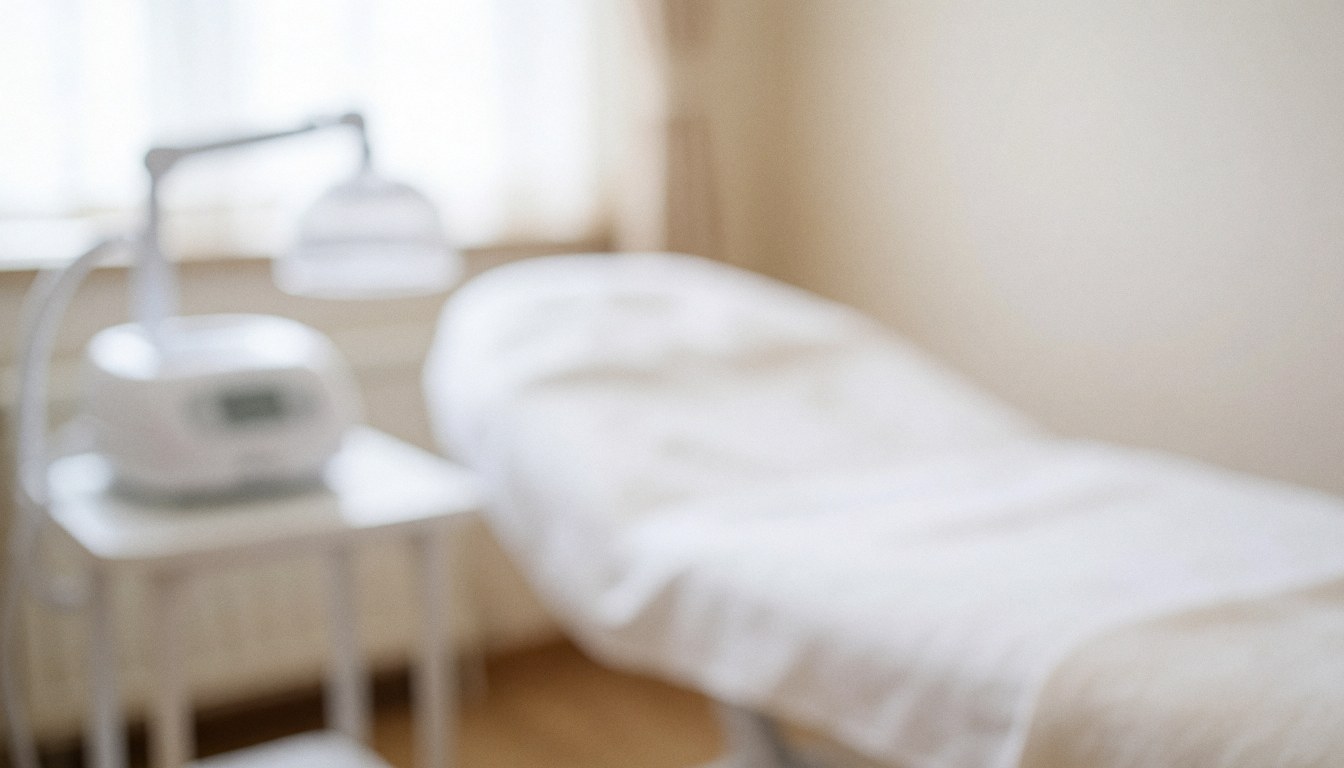 Arrière-plan doux d'une clinique esthétique avec un lit de traitement et du matériel médical, idéal pour ajouter des textes ou des présentations professionnelles.