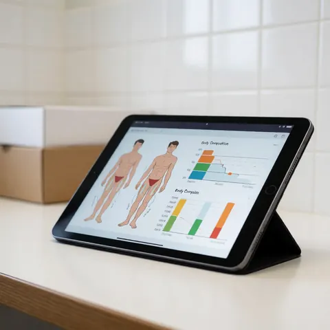 Une tablette posée sur une surface blanche affiche des graphiques de données numériques liés à la nutrition et à la santé, avec un fond flou et une lumière douce.