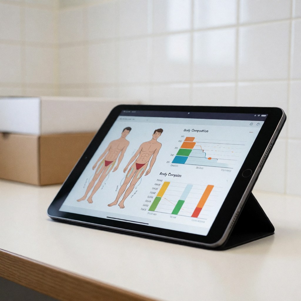 Une tablette posée sur une surface blanche affiche des graphiques de données numériques liés à la nutrition et à la santé, avec un fond flou et une lumière douce.
