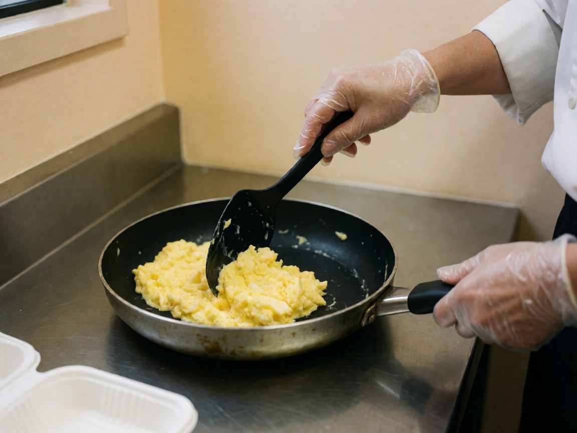 Omelette brouillée cuite dans une poêle antiadhésive en acier inoxydable, préparée avec des gants hygiéniques pour un service propre en restauration.