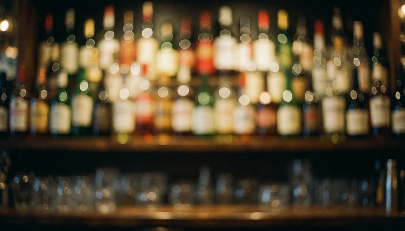 Arrière-plan flou d'une étagère de bar contenant des bouteilles et des verres, éclairage chaud créant une ambiance invitante pour textes ou publicités.