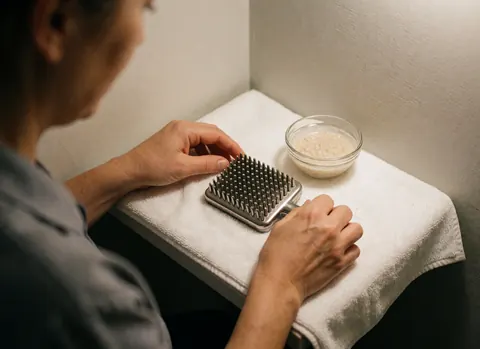 Outillage professionnel de démêlage pour chien posé sur une serviette blanche, accompagné d'une tasse contenant de l'avoine naturelle et d'une crème apaisante.