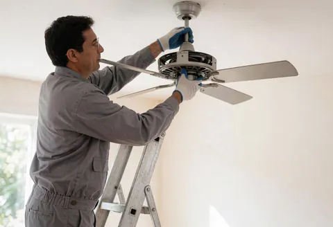Un électricien professionnel en uniforme gris utilise une échelle métallique pour installer un ventilateur dans une maison baignée de lumière naturelle.