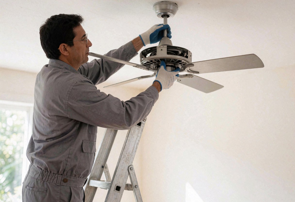 Un électricien professionnel en uniforme gris utilise une échelle métallique pour installer un ventilateur dans une maison baignée de lumière naturelle.
