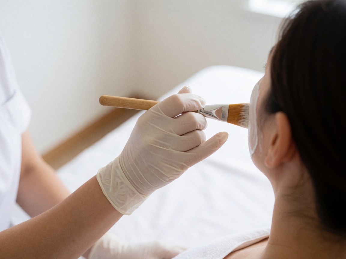 Professionnel portant un gant blanc applique un masque facial avec une brosse en bois sur un client, fond blanc, lumière naturelle, soin esthétique.