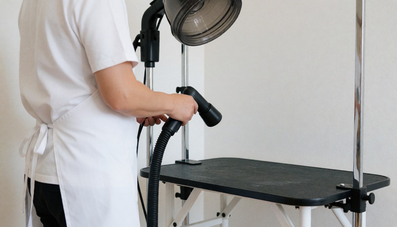 Un groomer professionnel utilise un sècheur sur un chien posé sur une table de travail dans un salon propre et bien éclairé.