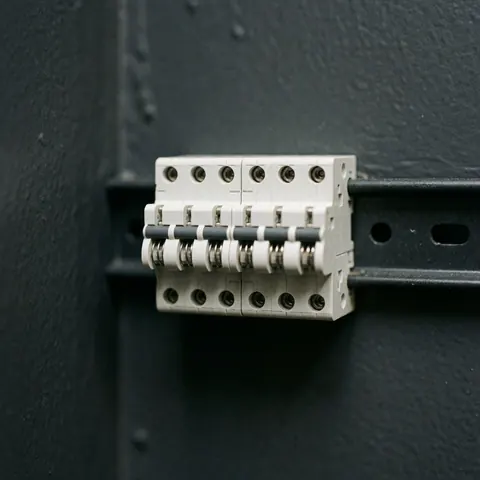 Vue rapprochée d'un bloc électrique blanc avec rail DIN, contacts métalliques noirs et composants de connexion pour installation industrielle.