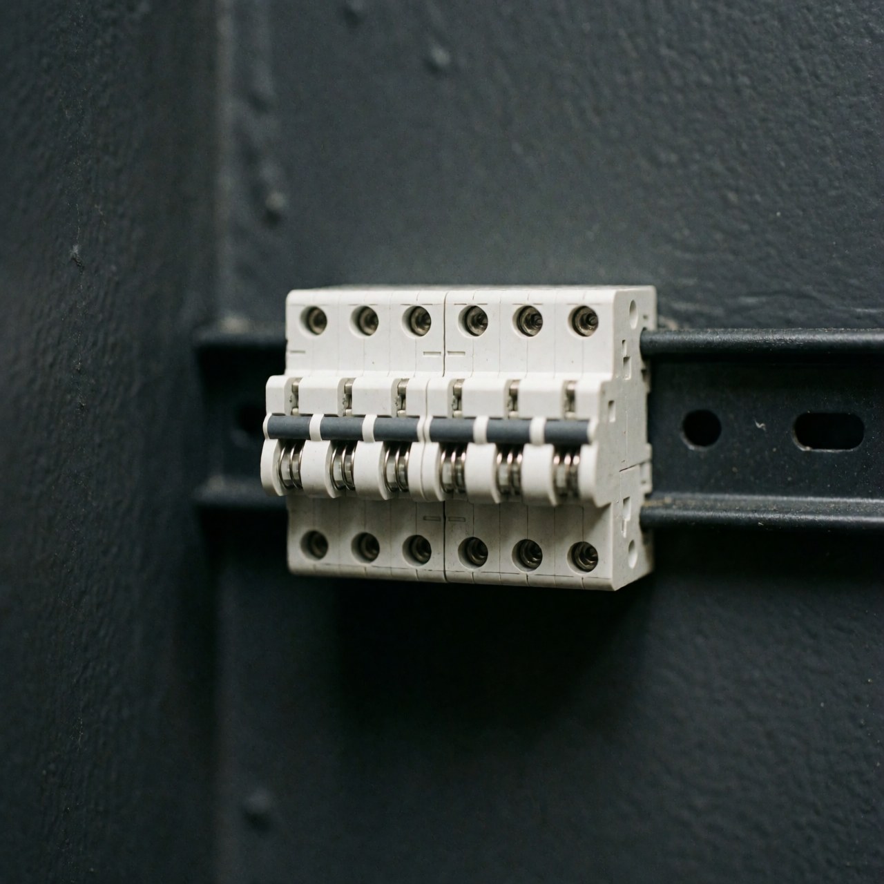 Vue rapprochée d'un bloc électrique blanc avec rail DIN, contacts métalliques noirs et composants de connexion pour installation industrielle.