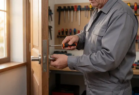 Un technicien en uniforme gris installe une serrure métallique sur une porte en bois dans un atelier lumineux et rangé.