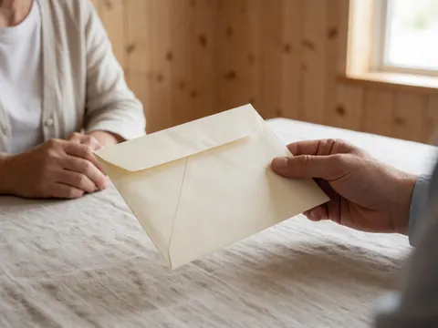 Une main tendue déposant une enveloppe crème sur une surface en bois clair, évoquant la transmission de documents importants dans un cadre intérieur calme et lumineux.