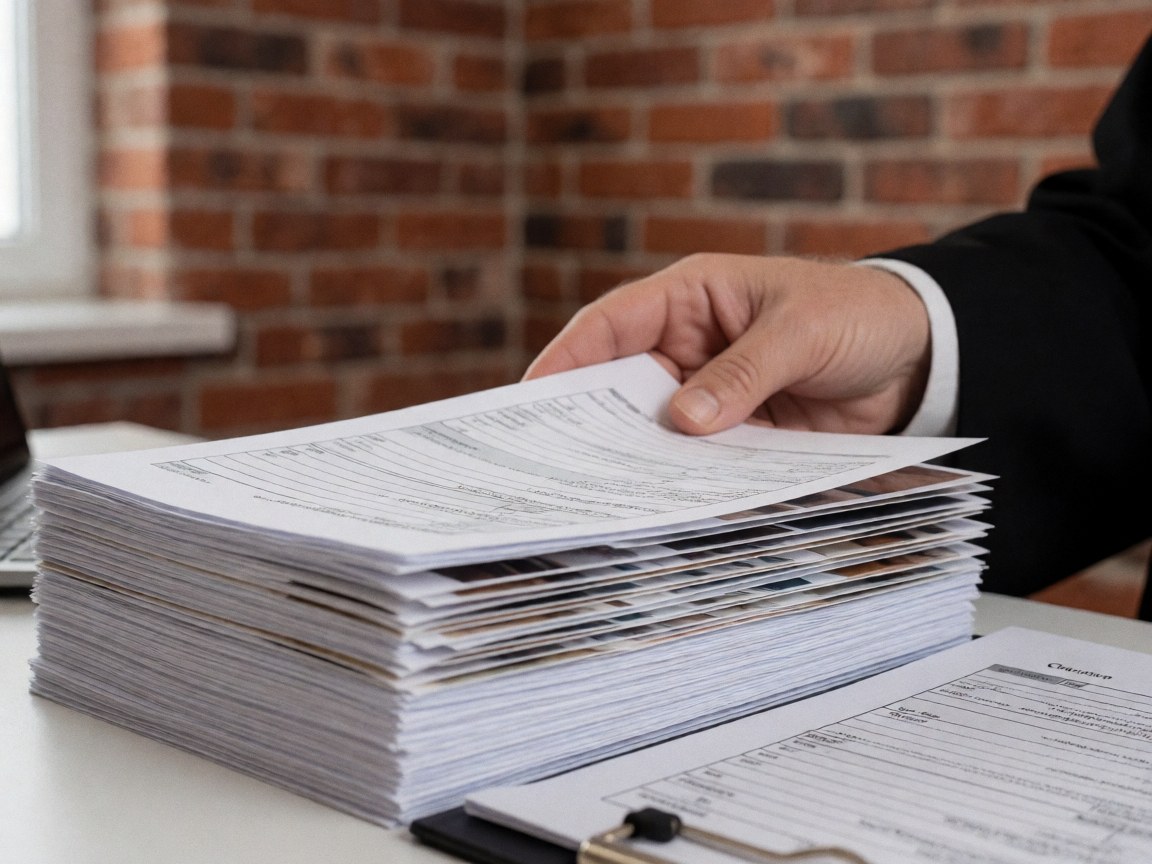 Vue rapprochée d'une main organisant des documents juridiques sur un bureau en bois, illustrant la gestion des preuves dans un cabinet d'avocats.