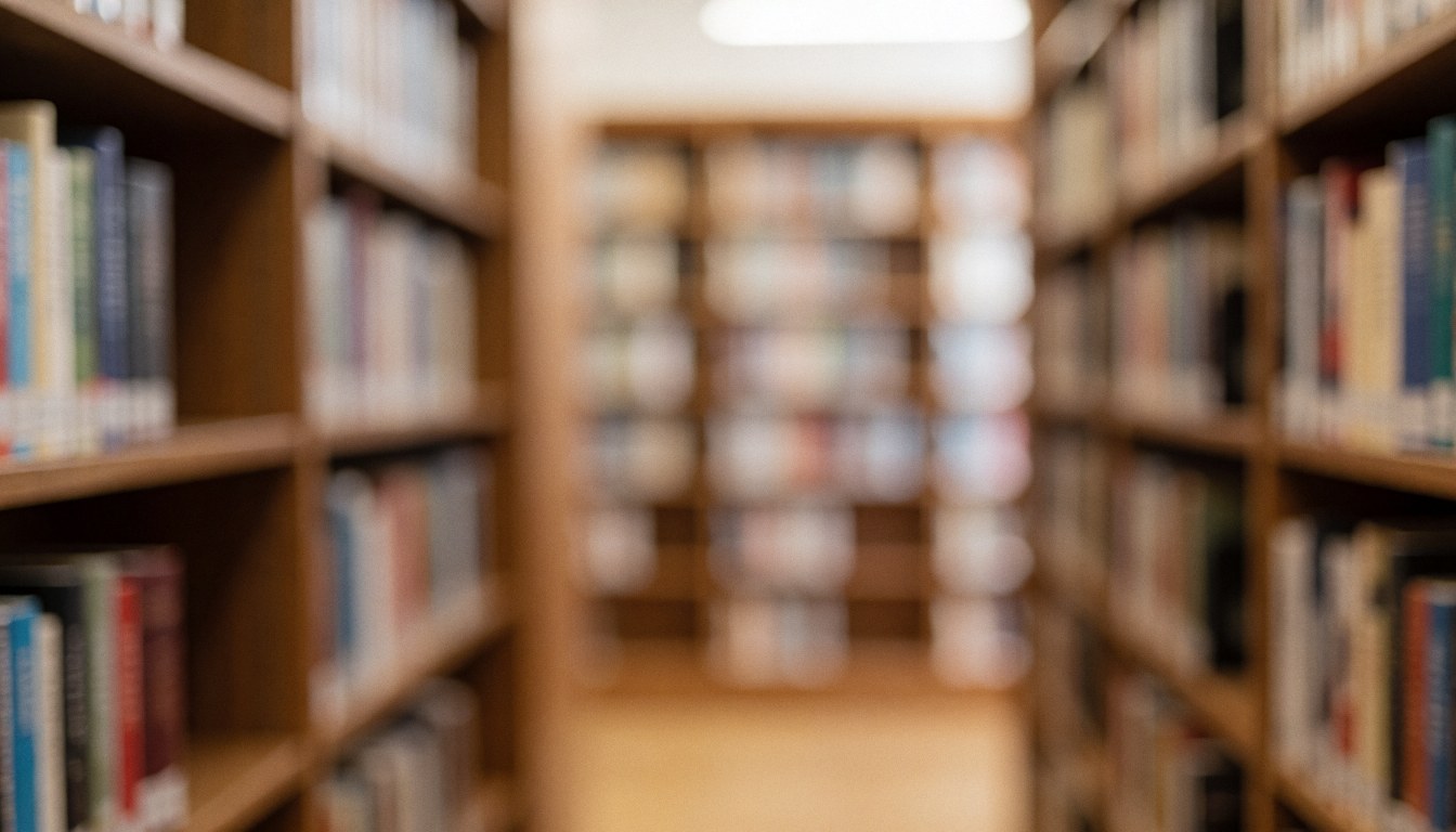 Arrière-plan flou de bibliothèque avec des étagères en bois et des livres, créant une ambiance calme et studieuse pour du texte.
