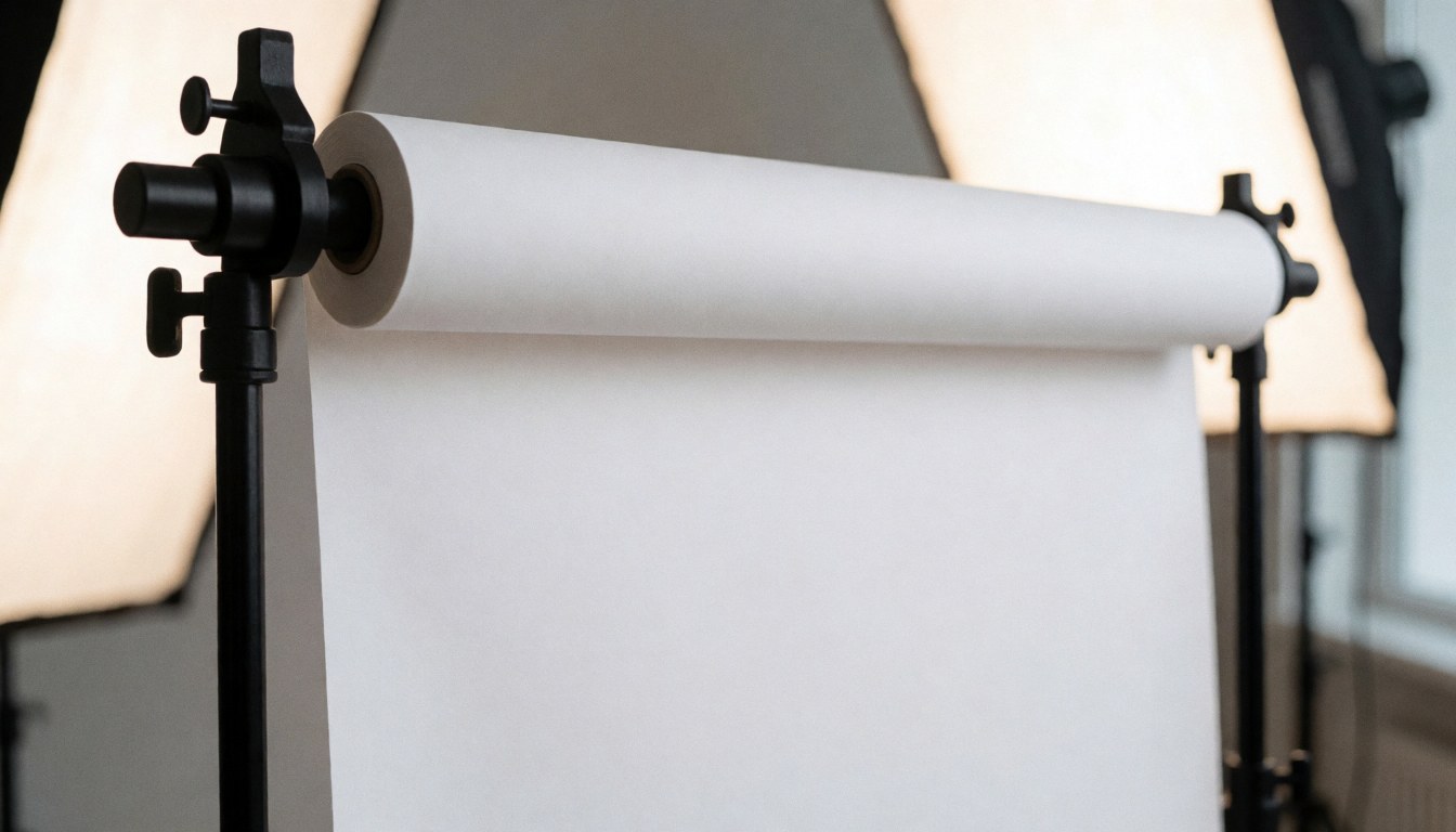 Fond blanc avec rouleau de papier dans un studio, éclairage doux et professionnel, idéal pour le marketing et la présentation de produits.