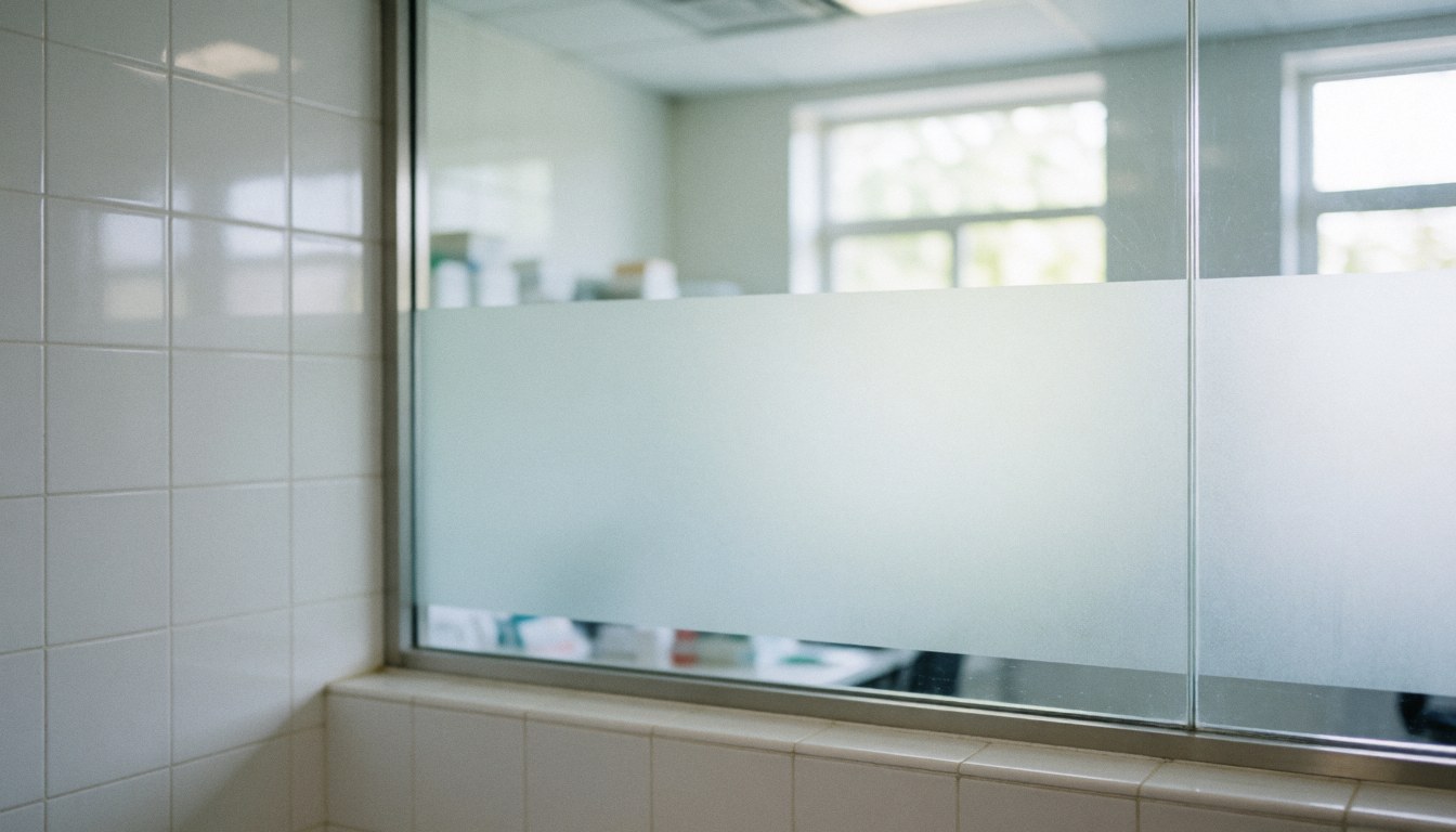 Couloir de laboratoire moderne aux murs blancs et cloisons en verre dépoli, éclairé par la lumière naturelle, servant de fond neutre pour textes professionnels.