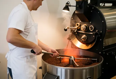 Un barista en tablier blanc utilise une grande machine industrielle pour torréfier du café, dégageant de la vapeur dans un atelier aux tons chauds.
