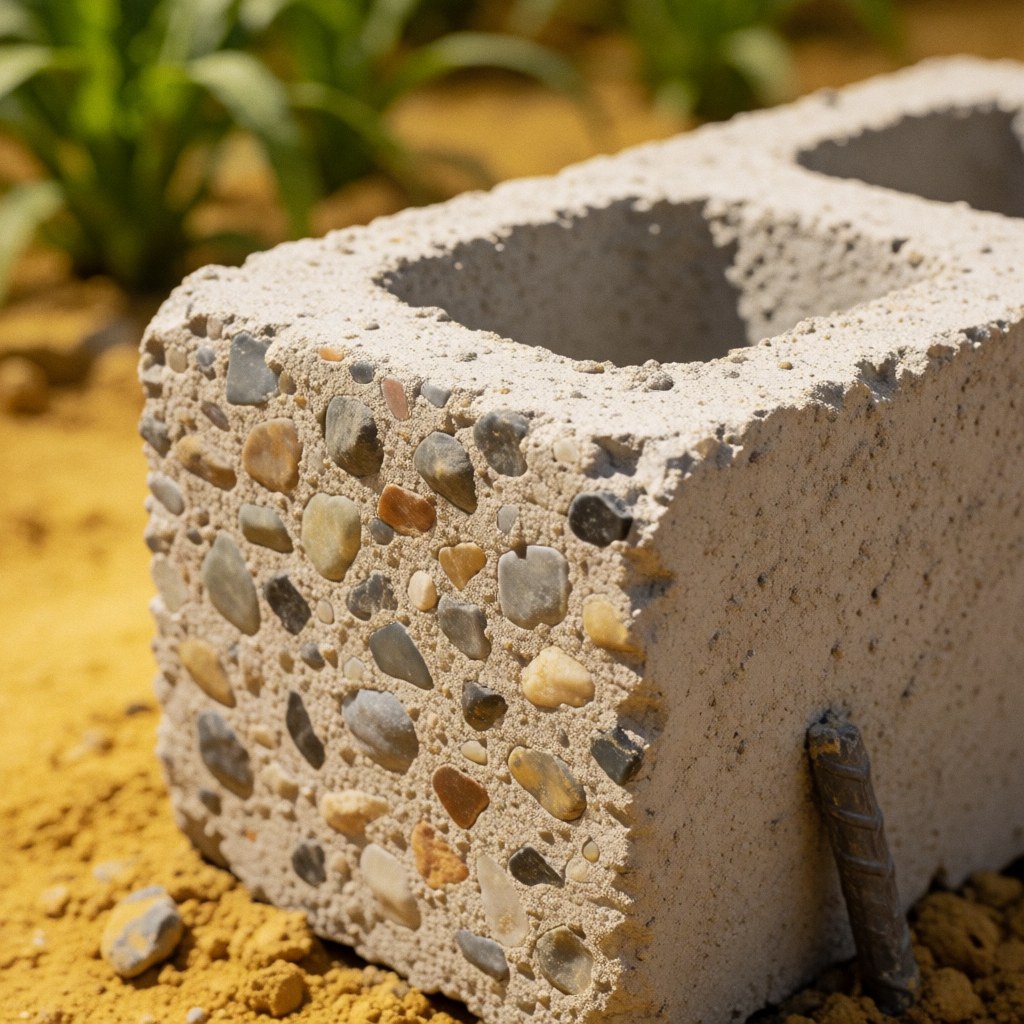 Gros plan sur la texture d'un bloc de béton montrant les détails de la surface et des matériaux utilisés dans la construction.
