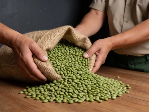 Des grains de café verts crus disposés sur une surface en bois avec un sac en jute et une main visible.