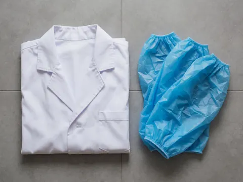Détail d'une blouse blanche et d'un masque facial bleu posés sur un sol gris, équipement de protection pour laboratoire clinique.