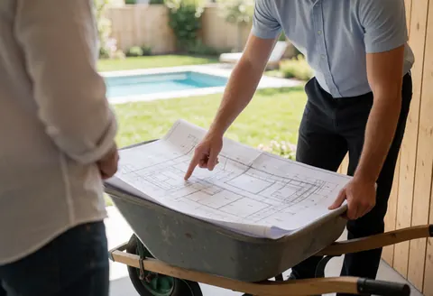 Un professionnel examine des plans techniques lors d'une révision sur un chantier de construction ou de paysagisme.
