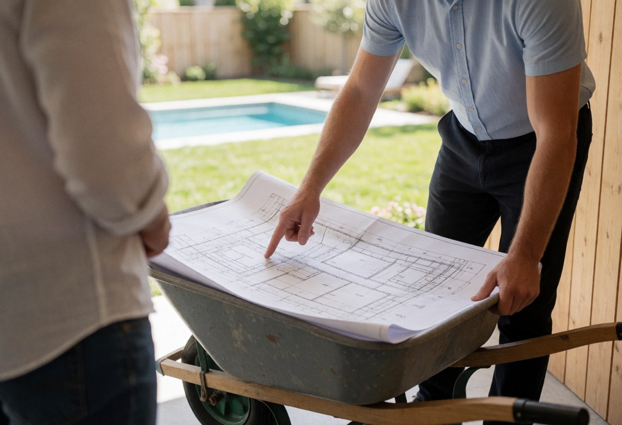 Un professionnel examine des plans techniques lors d'une révision sur un chantier de construction ou de paysagisme.