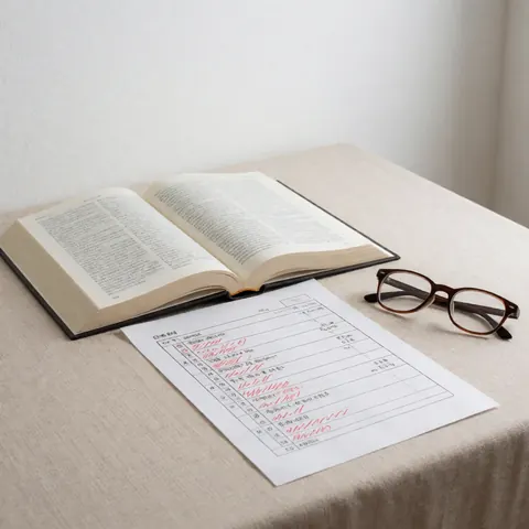Vue de dessus d'un livre ouvert, d'une feuille avec des corrections en rouge et de lunettes posées sur une table recouverte d'une nappe beige dans un cadre éducatif.