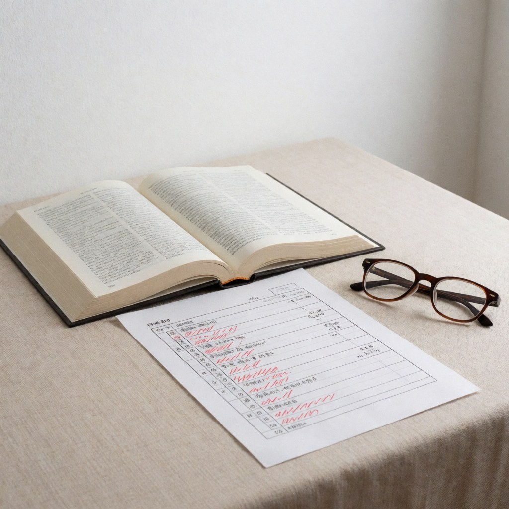 Vue de dessus d'un livre ouvert, d'une feuille avec des corrections en rouge et de lunettes posées sur une table recouverte d'une nappe beige dans un cadre éducatif.