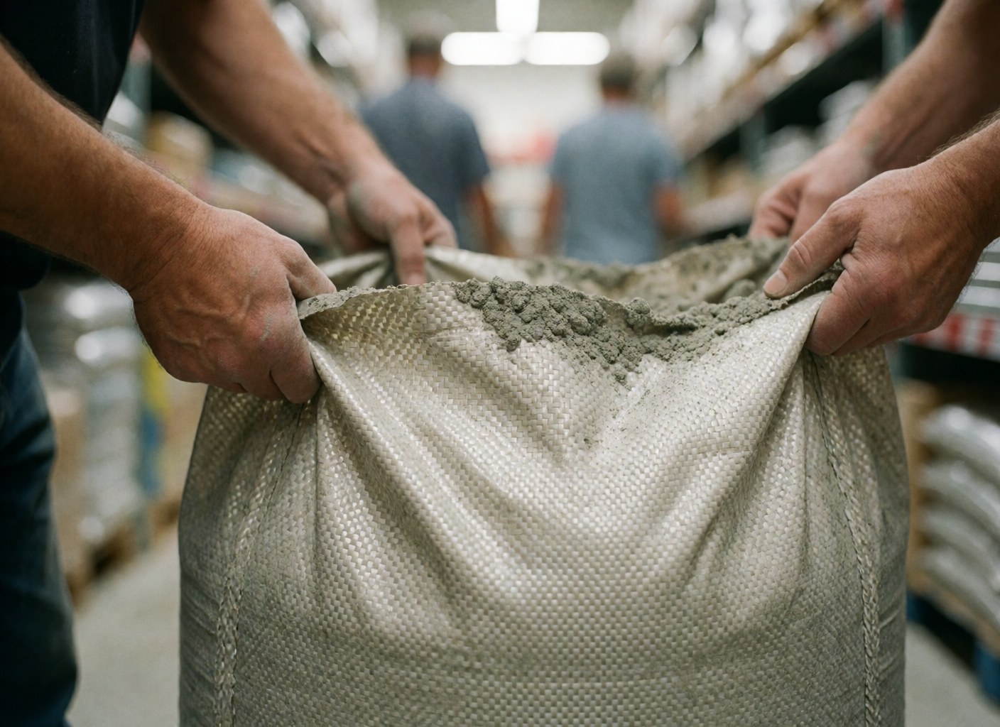 Gros plan d'un sac de béton gris posé à plat sur un fond blanc uni, mettant en évidence la texture du matériau plastique et les plis du sac.
