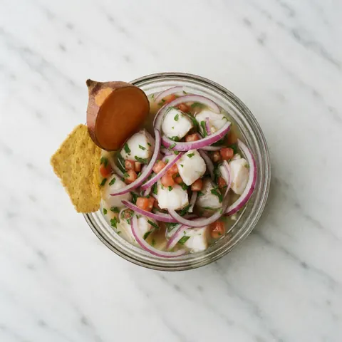 Ceviche de bar dans un récipient en verre posé sur une surface en marbre blanc, accompagné de yuca et de cancha, éclairage naturel vif, repas frais et sain pour le catering.