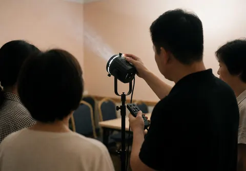 Un technicien professionnel ajuste un projecteur d'éclairage dans une salle préparée pour un événement avec des tables et des chaises.