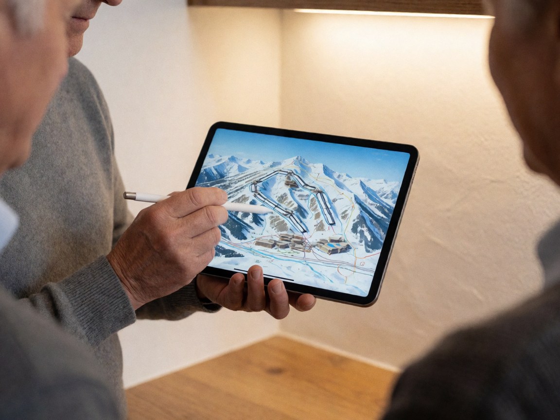 Mains d'un agent de voyage utilisant une tablette numérique pour planifier des itinéraires, avec un stylet, dans un bureau chaleureux en bois.