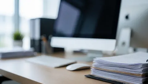 Arrière-plan flou d'un bureau moderne avec ordinateur, clavier, souris et documents sur un bureau propre et ordonné.