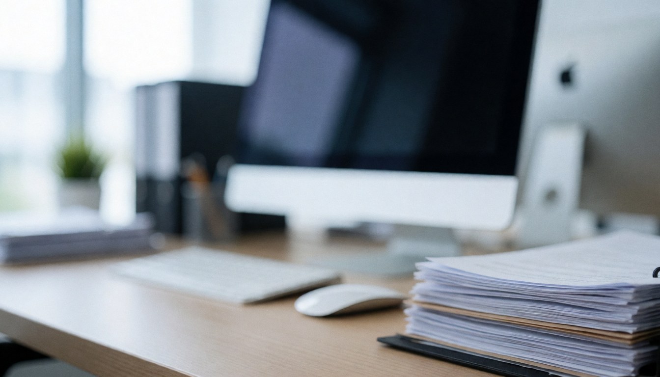 Arrière-plan flou d'un bureau moderne avec ordinateur, clavier, souris et documents sur un bureau propre et ordonné.