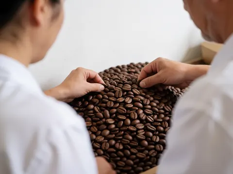 Gros plan sur la texture détaillée des grains de café, mettant en évidence leur forme et leur surface pour illustrer la qualité du produit.
