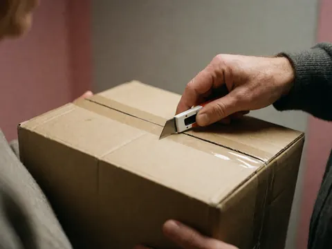 Couteau ouvrant une boîte en carton sur fond rose, évoquant l'univers du e-commerce et des opérations logistiques quotidiennes.