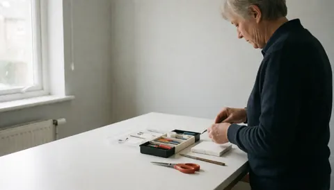 Un professionnel senior utilise des outils sur une table blanche éclairée par la lumière naturelle dans un environnement minimaliste.