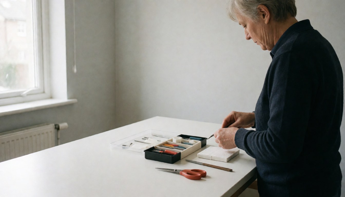 Un professionnel senior utilise des outils sur une table blanche éclairée par la lumière naturelle dans un environnement minimaliste.