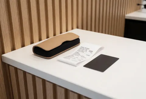 Une boîte de lunettes, un reçu et une carte de garantie posés sur un comptoir blanc avec un mur en bois clair et une lumière vive.