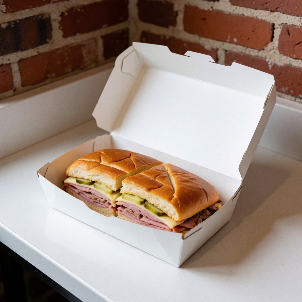 Sandwich cubain frais coupé en deux, posé dans une boîte en carton blanc sur un comptoir blanc avec un mur de briques rouges en arrière-plan.