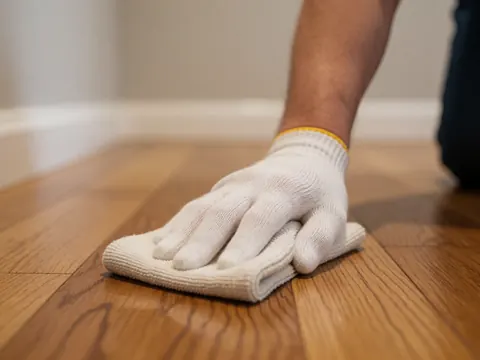 Une main portant un gant blanc essuie minutieusement un plancher en bois clair à l'aide d'un tissu, dans un intérieur aux tons chauds et au fond flou.