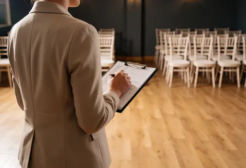 Une planificatrice tient un portfolio dans une salle de réception vide, prête pour un mariage. L'espace présente des chaises blanches, un sol en bois et des murs sombres.