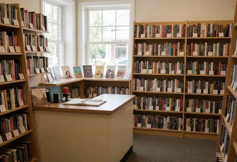 Vue intérieure d'une librairie montrant des étagères remplies de livres alignés sur les murs, le sol et un comptoir d'accueil.